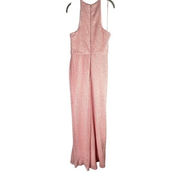 NWT Badgley Mischka Blush Pink Sequin Halter Gown Floor Length Dress Size 8 - Picture 4 of 14